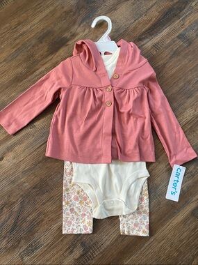 Carter's Dusty Rose Hooded Cardigan & Cream Floral Leggings Set